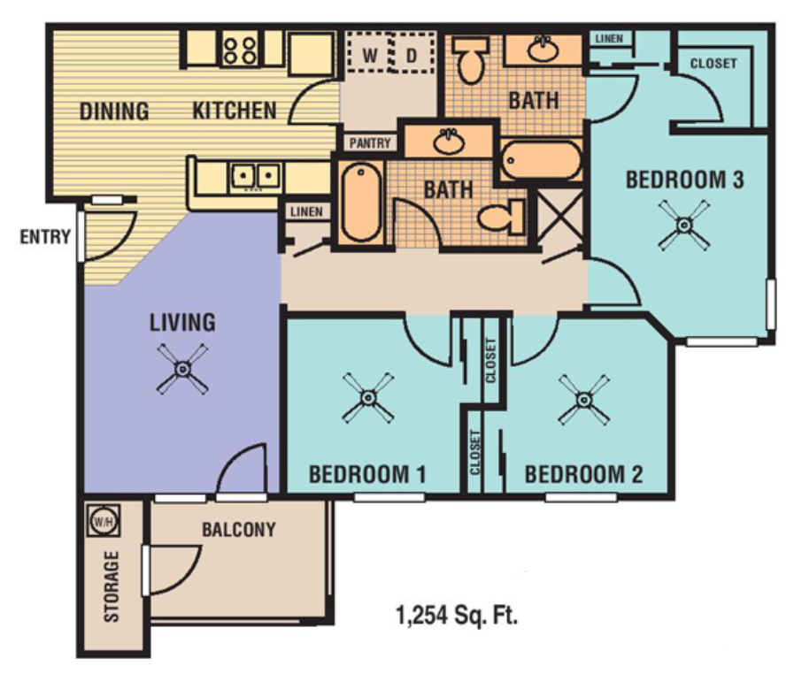 Floor plan for 3 beds, 2 baths, 1254 sqft